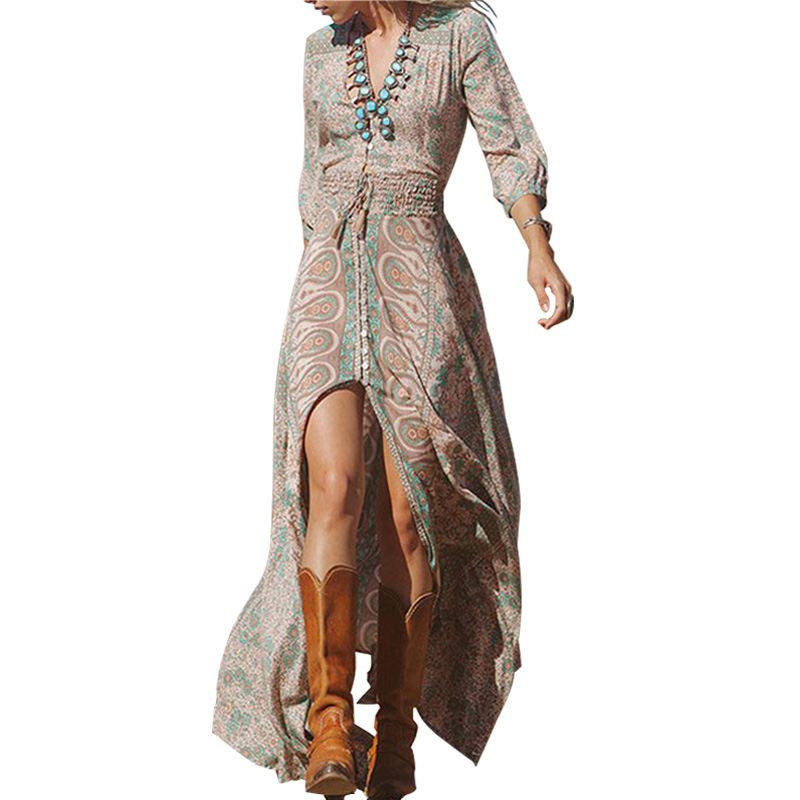 Women Long Sleeve Beach Boho V Neck Floral Cocktail Party Split Long Dress